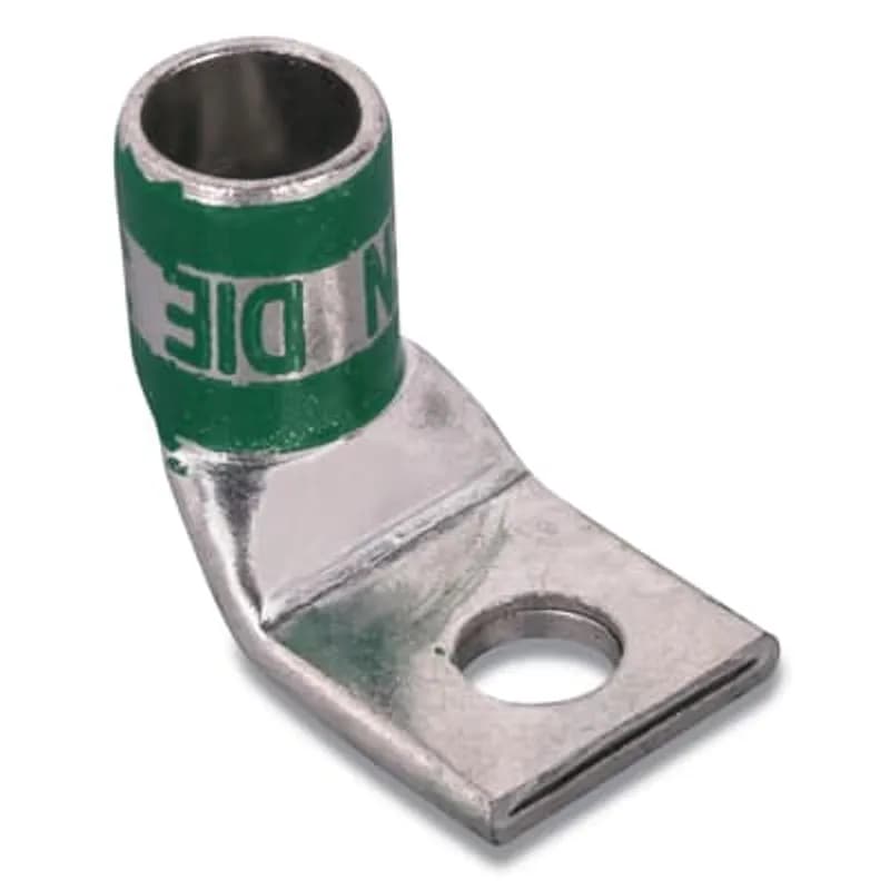 Copper One-Hole Lug, 90 Degree Bend Short Barrel, Peep Hole, Wire Size 250 kcmil, 3/8 Inch Bolt Hole, Die Code 62, Die Color Code Yellow