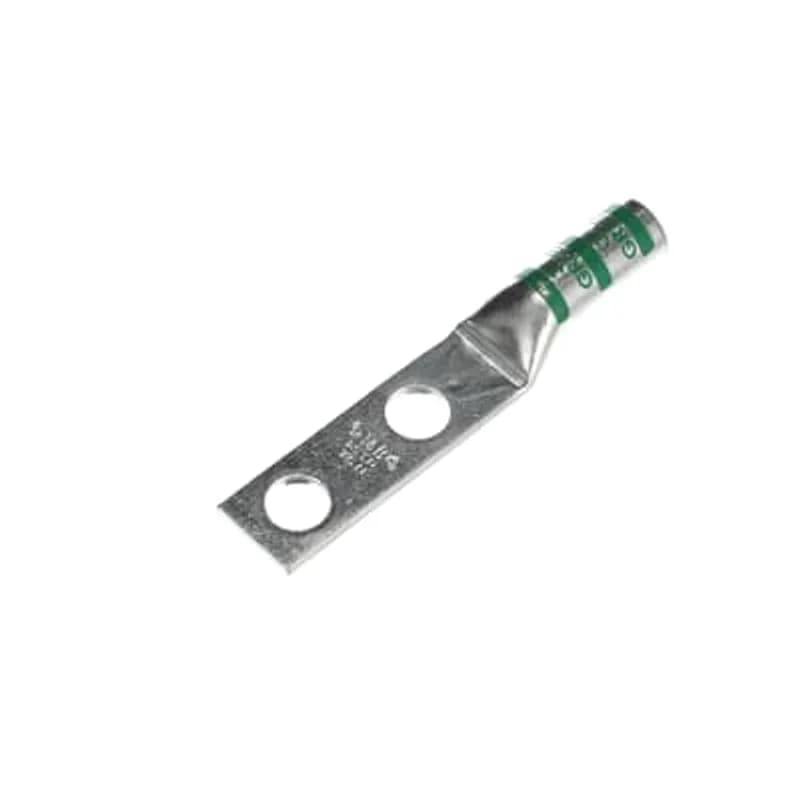 Copper Two-Hole Lug, Long Barrel, Blind End, Peep Hole, Max 35kV, Wire Size 1 AWG, 3/8 Inch Bolt Size, 1 Inch Hole Spacing, Tin Plated, Die Color Code Green, Die Code 37