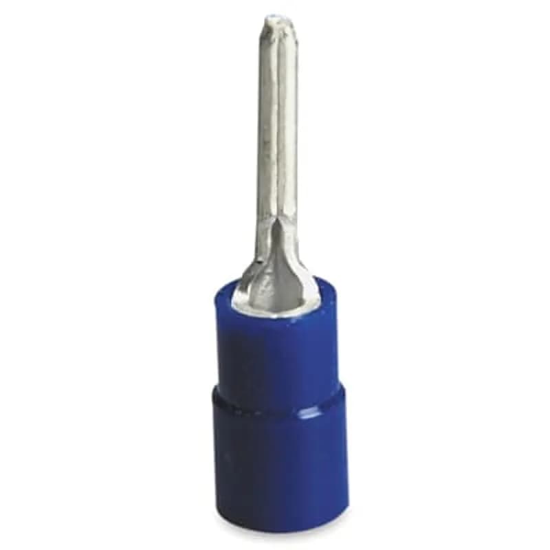 Vinyl-Insulated Pin Terminal, Length .87 Inches, Pin Length .390 Inches, Diameter .075 Inches, Wire Range #16-#14 AWG, Color Blue, Copper, Tin Plated