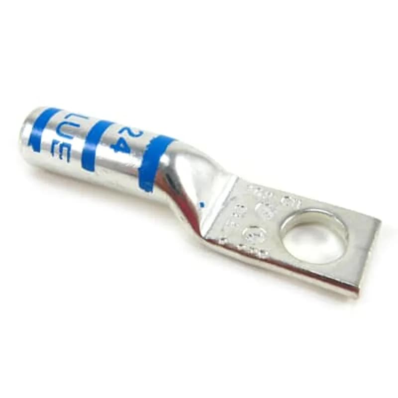 Copper One-Hole Lug, Long Barrel, Peep Hole, Max 35kV, Wire Size #6 AWG, 1/4 Inch Bolt Size, Tin Plated, Die Code 24, Die Color Code Blue