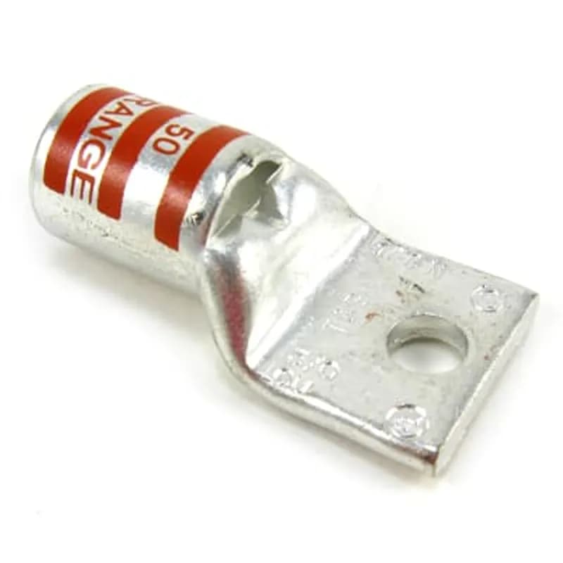 Copper One-Hole Lug, Standard Barrel - Top Stacking, Peep Hole, Max 35kV, Wire Size 3/0 AWG, 3/8 Inch Bolt Size, Tin Plated, Die Code 50, Die Color Code Orange