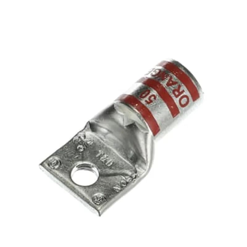Copper One-Hole Lug, Standard Barrel, Peep Hole, Max 35kV, Wire Size 3/0 AWG, 1/4 Inch Bolt Size, Tin Plated, Die Code 50, Die Color Code Orange