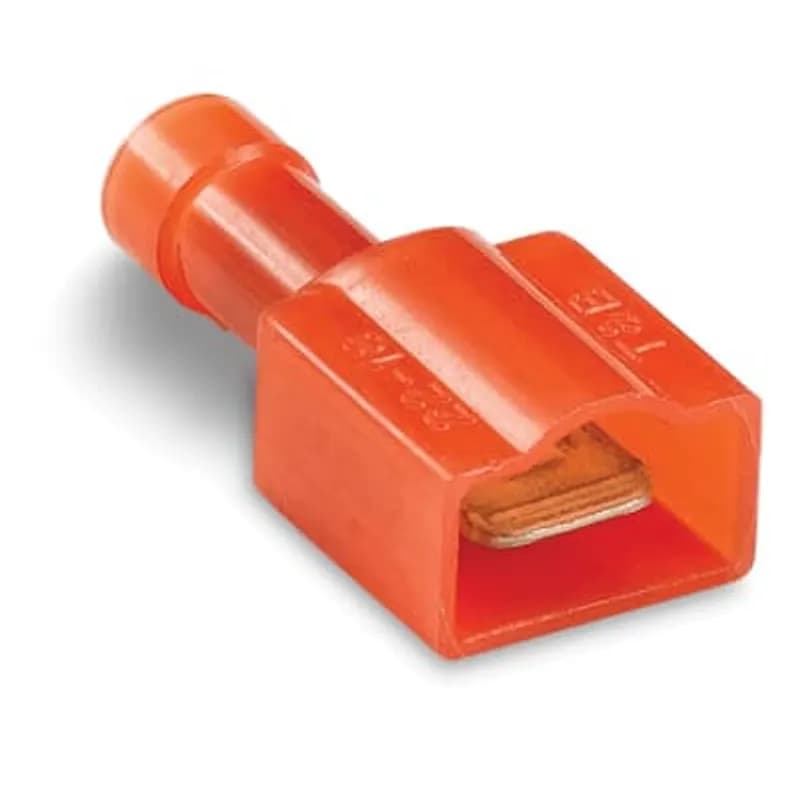 Nylon-Insulated Male Tab, Length .95 Inches, Maximum Insulated .150, Tab Size .250x.032, Wire Range #22-#18 AWG, Color Red, Copper, Tin Plated