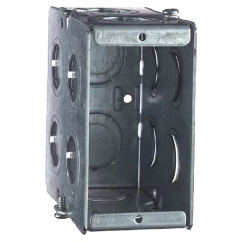 Gangable Masonry Box, 22 Cubic Inches, 3-3/4 Inches Long x 1-15/16 Inches Wide x 3-1/2 Inches Deep, 1/2 Inch and 3/4 Inch Knockouts, Pre-Galvanized Steel, with Ground Screw, For use with Conduit