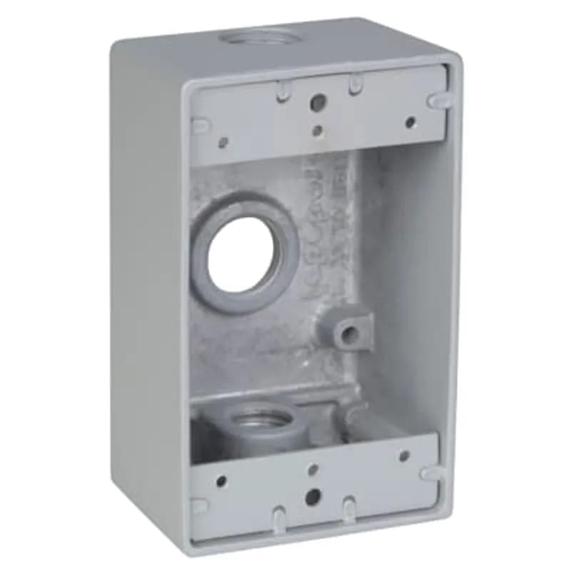 ABB - Installation Products S100E-R - Single Gang Universal Standard Outlet Box, 18.3 Cubic Inches, Length 4-27/50 Inches, Width 2-39/50 Inches, Depth 2-7/50 Inches, Hub Size 1/2 Inch, Silver, Aluminum, 3 Outlets, with Mounting Lugs, Two Closure Plugs, Pack of 16