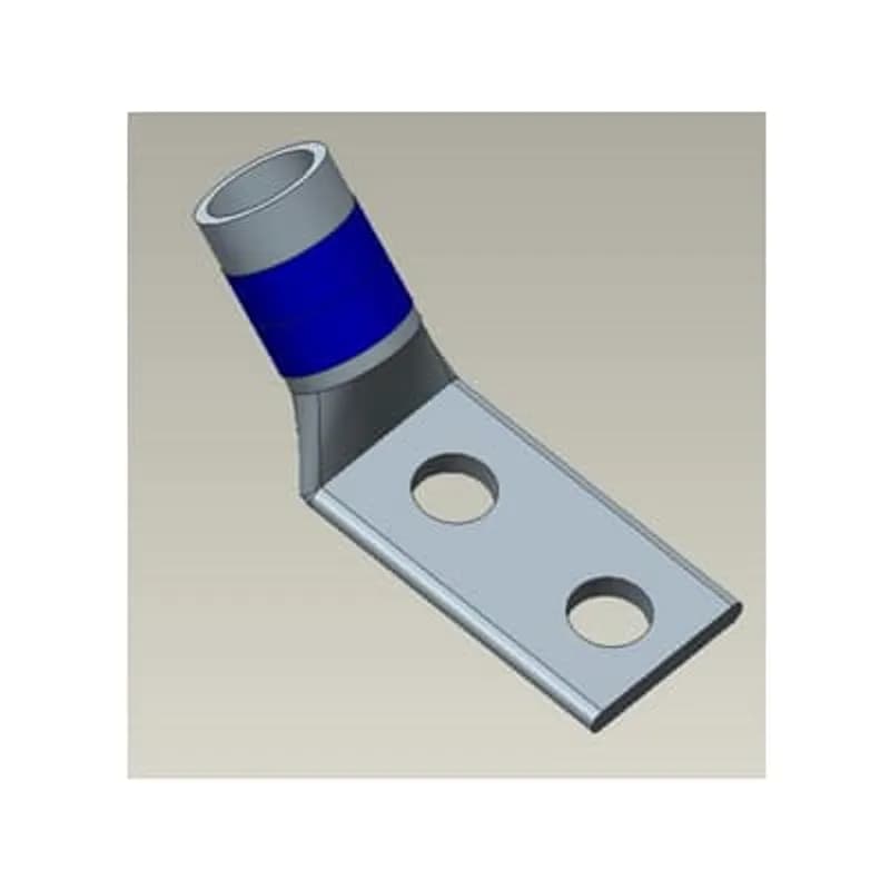 Copper Two-Hole Lug, 45 Degree Bend Standard Barrel, Max 35kV, Wire Size 3/0 AWG, 1/2 Inch Bolt Size, 1-3/4 Inch Hole Spacing, Tin Plated, Die Code 50, Die Color Code Orange