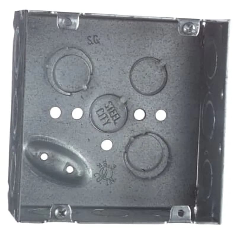 Square Box, 42 Cubic Inches, 4-11/16 Inches Square x 2-1/8 Inches Deep, 1/2 Inch and 3/4 Inch Eccentric Knockouts, White, Pre-Galvanized Steel, Welded Construction, Suitable for use without a Bonding Jumper in Circuits Above or Below 250 Volts, For use with Conduit