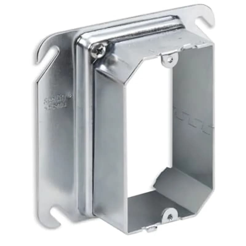Single Gang Adjustable Mud Ring, Adjusts from 1/2 Inch to 1-1/2 Inch, Pre-Galvanized Steel, For use with 4 Inch Square Boxes, custom package