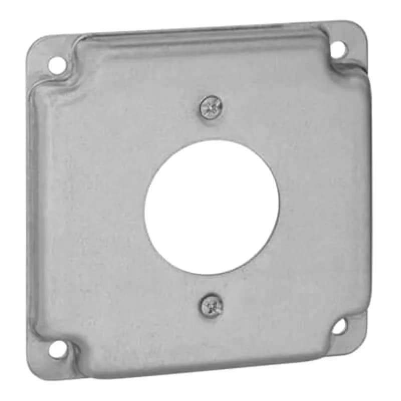Square Box Surface Cover, 5 Cubic Inches, 4 Inch Square x 1/2 Inch Deep, 1-19/32 Inch Diameter Hole, Galvanized Steel, For use with One 4-Wire Twist-Lock Single Receptacle, pack of 10, for Retail.