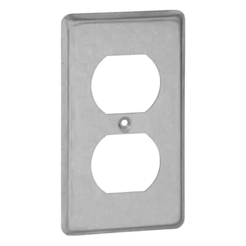 One Gang Utility Box Cover, 4 Inch Long x 2-1/8 Inch Wide x 1/4 Inch Raised, Pre-Galvanized Steel, with Duplex Flush Receptacle, pack of 25, for Retail