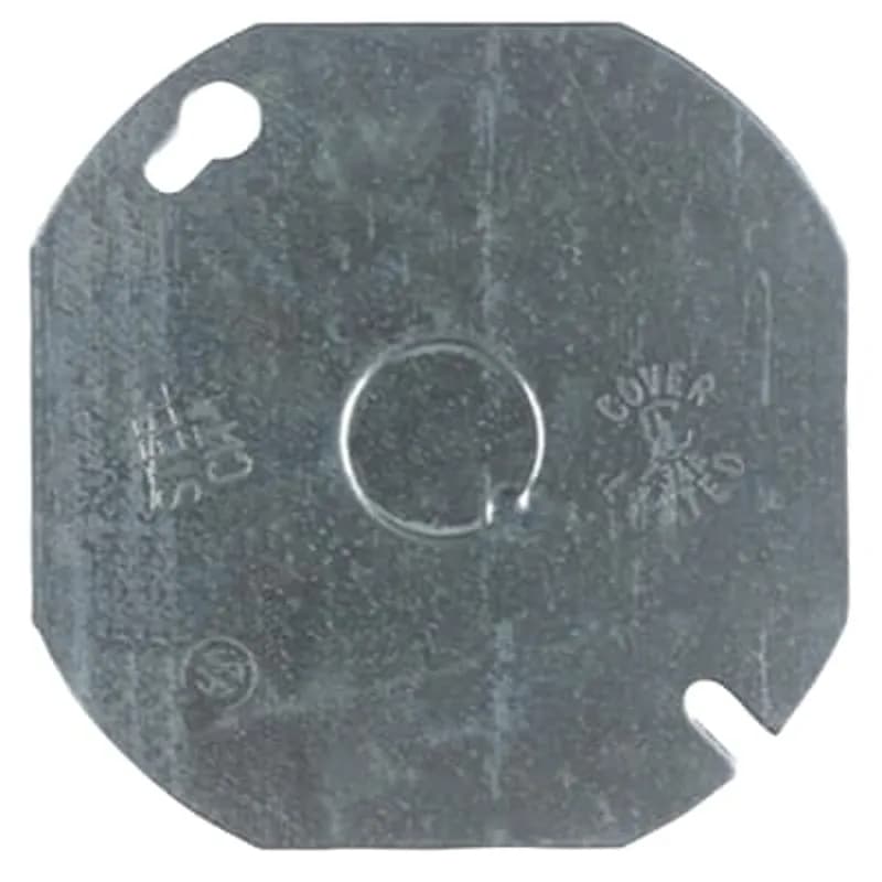 Octagon Box Cover, 4 Inch Diameter, 1/2 Inch Knockouts, Pre-Galvanized Steel, Flat, For use with Octagon Boxes, pack of 25, for Retail