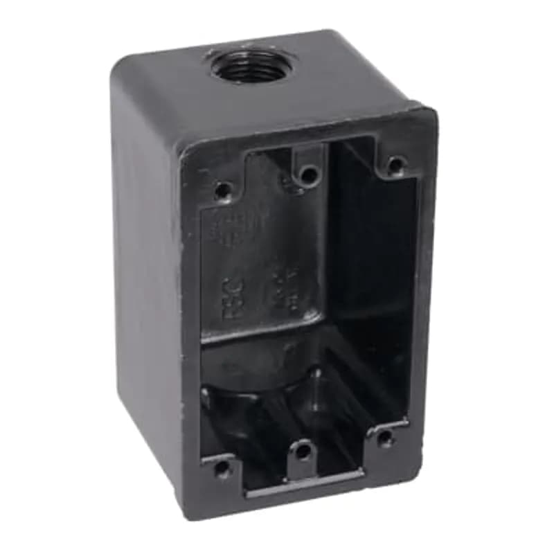 One-Gang Weatherpoorf Device Box, Volume 16 Cubic Inches, Length 4-7/16 Inches, Width 1-25/32 Inch, Depth 2-9/16 Inches, Color Brown, Material Phenolic, Mounting Menas One 1/2 Inch Threaded Knockout in Each End