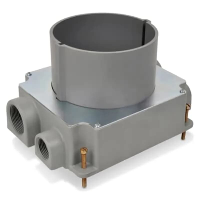 Flush Service Floor Box with Non-Metallic Collar, 140 Cubic Inches, Opening Diameter 5-31/32 Inches, Length 10-31/32 Inches, Width 8 Inches, Depth 6-5/16 Inches, 1 Inch and 1-1/2 Inch Conduit Hubs, Cast Iron, Minimum Concrete Depth Flush 4-1/2 Inches Furniture Feed 4 Inches