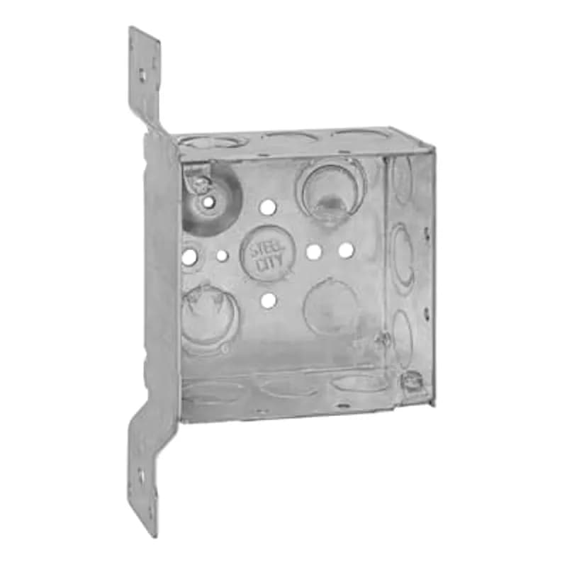 Square Box, 30.3 Cubic Inches, 4 Inch Square x 2-1/8 Inches Deep, 1/2 Inch and 3/4 Inch Eccentric Knockouts, Pre-Galvanized Steel, Welded Construction, with CV Bracket, For use with Conduit, pack of 25, for Retail