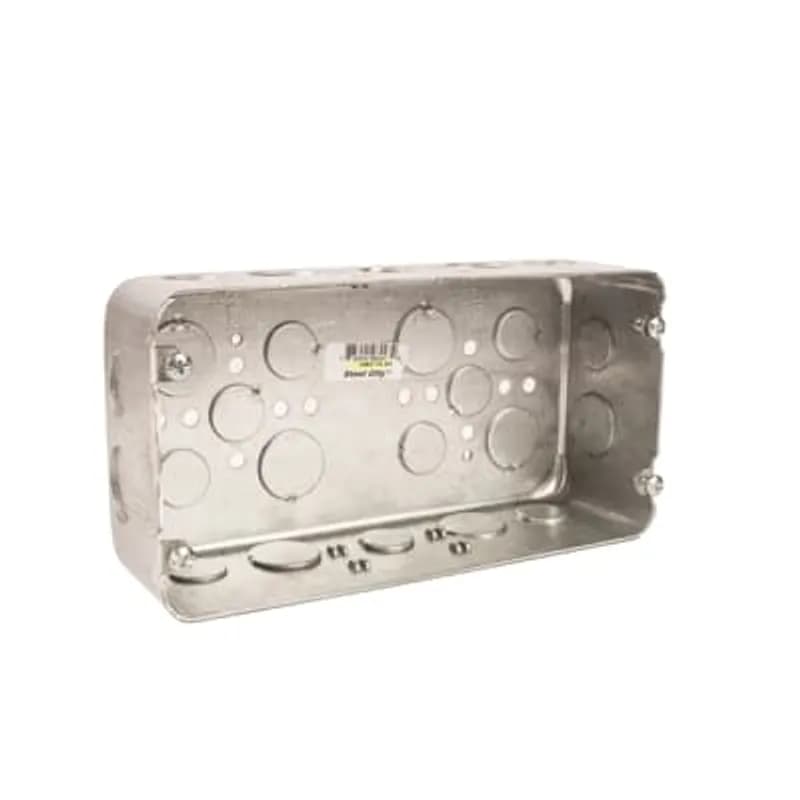 Three Gang Drawn-Style Gang Box, 90 Cubic Inches, 8-5/8 Inches Long x 4-1/2 Inches Tall x 2-1/2 Inches Deep, 1/2 Inch and 3/4 Inch Knockouts, Pre-Galvanized Steel, Drawn Construction, For use with Conduit