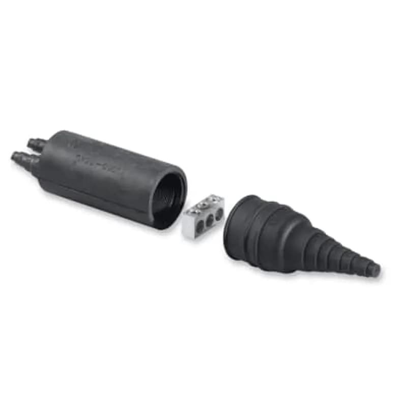ABB - Installation Products SL 3-2 K - Aluminum Flood-Seal Mechanical Splice Three-Wire Kits, conductor range #4 - #14 CU/#2 - #14 AL, 3 Outlets. Kit includes Connector, Cap with Liner, Rocket, Silicone Grease. Connector Length 1-3/16 inch x 9/16 inch x 3/8 inch.