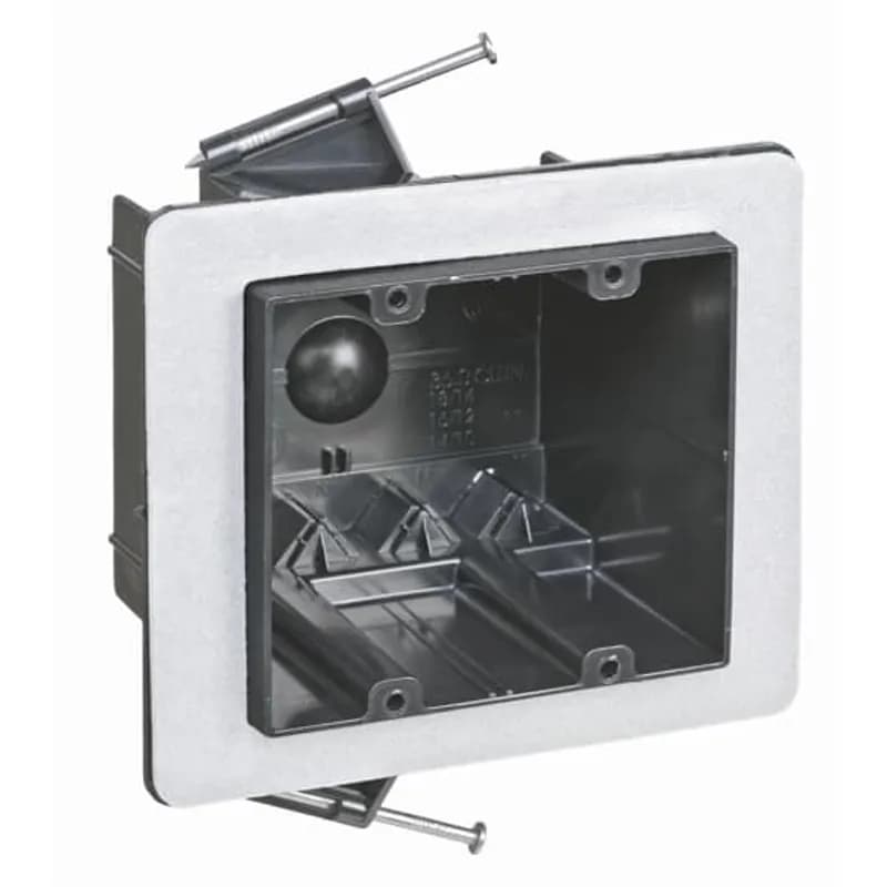 Two-Gang Vapor-Tight Box, Volume 36 Cubic Inches, Length 3-1/2 Inches, Width 4 Inches, Depth 3-1/4 Inches, Color Black, Material Polycarbonate, Mounting Means Angled Side Nails