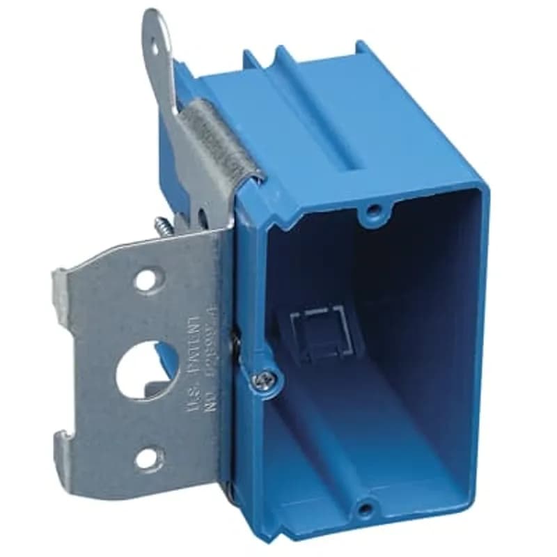 Single-Gang Outlet Box, Volume 21 Cubic Inches, Length 3.65 Inches, Width 2.25 Inches, Depth 3.32 Inches, Color Blue, Material PVC, Mounting Means Adjustable Bracket up to 1-3/4 Inch