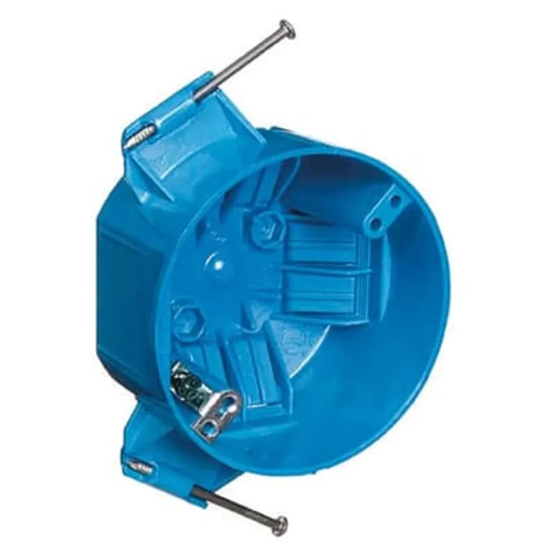 Round Ceiling Box, Volume 20 Cubic Inches, Diameter 4 Inches, Depth 2-1/4 Inches, Material Non-Metallic, Mounting Means Clamps