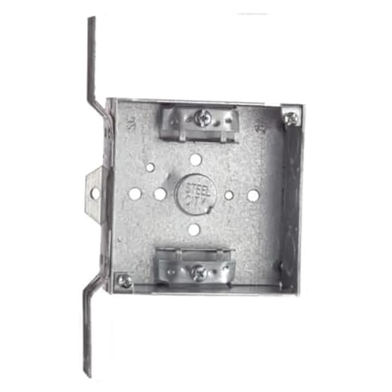 Square Box, 21 Cubic Inches, 4 Inch Square x 1-1/2 Inch Deep, 1/2 Inch and 3/4 Inch Eccentric Knockouts, Pre-Galvanized Steel, Non-Metallic Cable Clamp (C-3), 10-1/2 Inch #12 AWG Solid Ground Wire Pigtail, and CV Bracket, for use with Armored/Metal Clad Cable