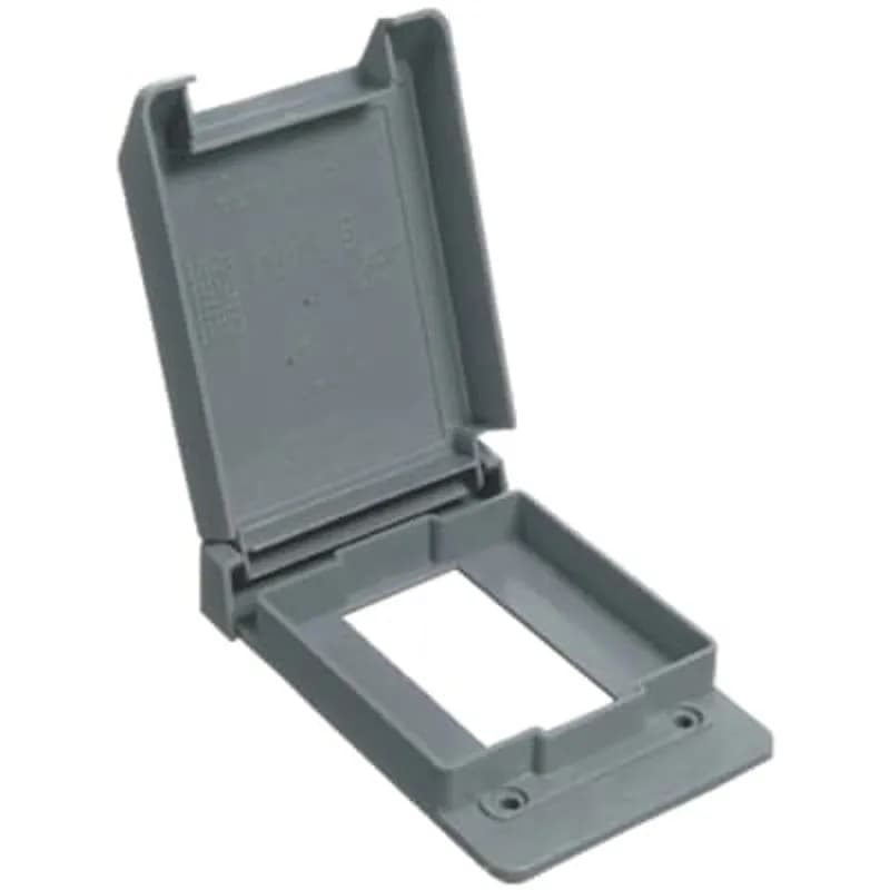 One gang weatherproof PVC cover for one vertical mount GFCI receptacle. Complete with stainless steel screws and gasket. Grey.