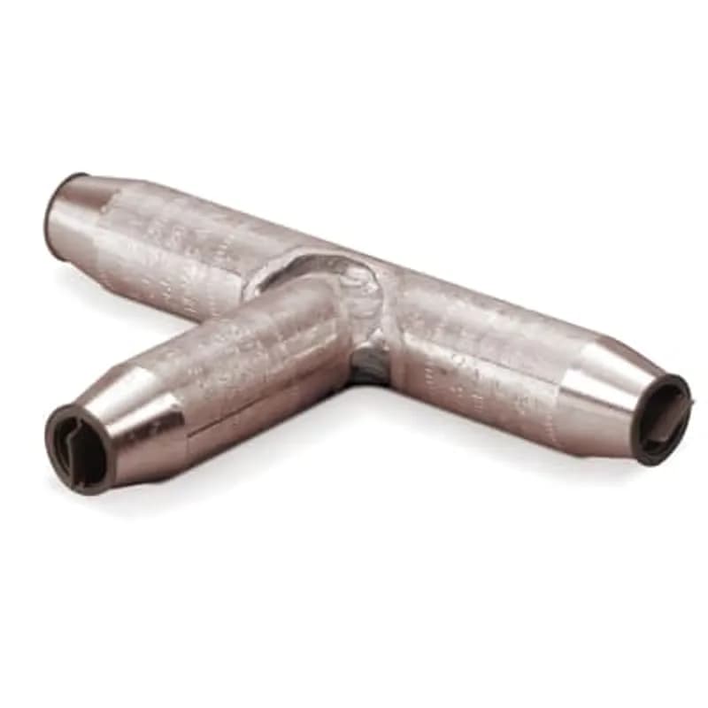 ABB - Installation Products TT 500-500 - Tin Plated Copper Tapered Tees, Main 500 kcmil CU, 500 Compact CU - Installing Dies TH, 87, 20, 1, 251, 12A - Length 2-19/32 inch, Tap 500 kcmil CU, 500 Compact CU - Installing Dies TH, 87, 20, 1, 251, 12A - Length 6-23/32 inch - Dimpled. Main is Silver Brazed to Tap.