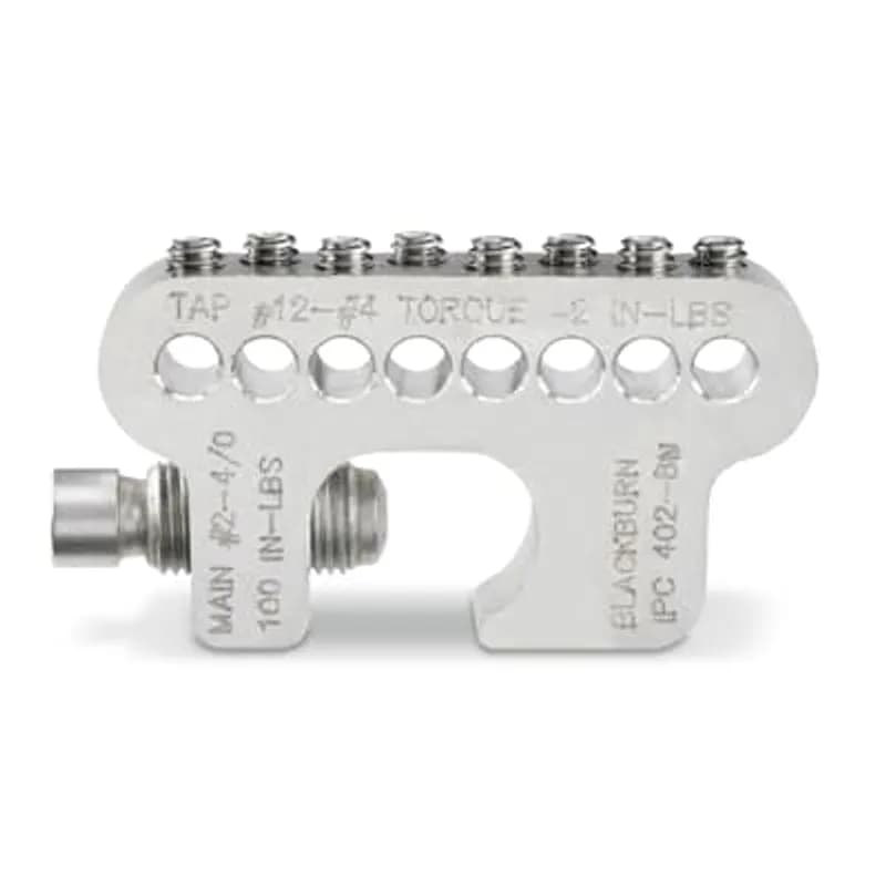 ABB - Installation Products IPC 402-8 N - Tin-Plated Aluminum, Neutral Tap Connector, Main #2-4/0, Main Torque 100 Inch/Pounds, Tap #12-#4. Tap Torque 42 Inch/Pounds . 2.958 inch long X .750 inch wide X 1.562 inch Depth. Machined. Has Threaded hole and Recessed Hex-Head screw, with (8) Taps (1/4-20 x 5/16 inch) and (1) Main Socket Head Cup Point Set Screws. Under 1000 Volts. Non-Insulation Piercing - NO Teeth.