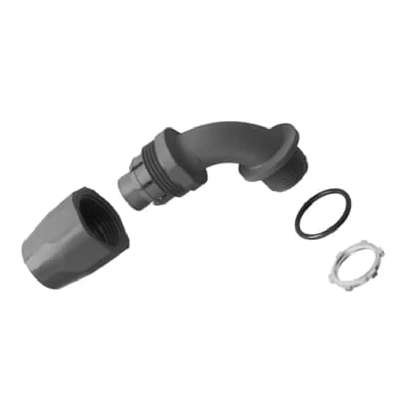 1/2 Inch, 90 Degree, Two-Piece Liquidtight Non-Metallic Fitting, UL E32447, Temperatures up to 107 Degrees C, Nitril Rubber O-Ring, PVC, UPC Stamped, Grey