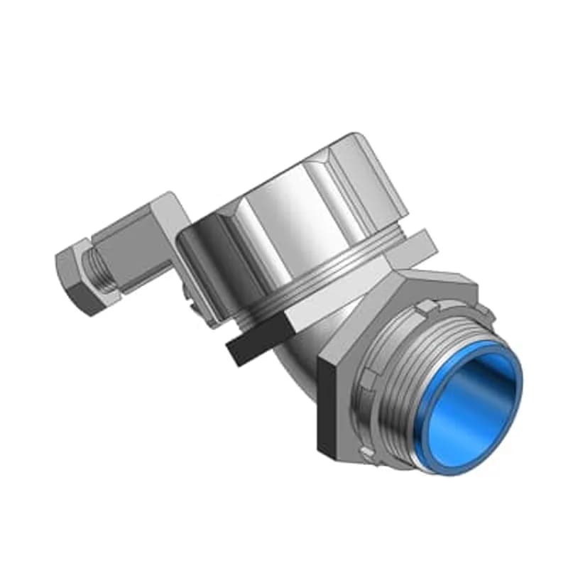 ABB - Installation Products 5344GR-DW6 - 1 Inch External Bonding Liquidtight Insulated Connector Flexible Metal Conduit Fitting, 45 Degree Angle, With Revolver Lug, With Copper Lug for Awg #14 to #4 Ground Wire, for Use In Wet Locations, With Stainless Steel Screw Set, 5 Pieces