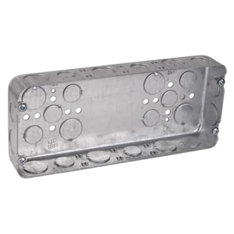 Four Gang Drawn Style Box, 70 Cubic Inches, 10-7/16 Inches Long x 4-1/2 Inches Wide x 1-5/8 Inches Deep, Drawn Construction with 1/2 Inch and 3/4 Inch Knockouts, For use with Conduit, with Conduit Knockouts, pack of 5, for Retail