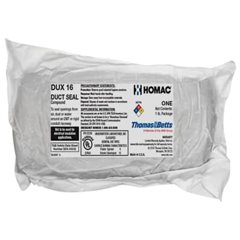 ABB - Installation Products DUX 16 - Duct Seal Compound - 1 pound (16 oz.) Slab. Used to Seal Openings from Air, Dust or Water around an EMT or Rigid Conduit Raceway. UL R13335. Not to be used for Electrical Insulation Applications. Gray Colored, Putty-type Material.