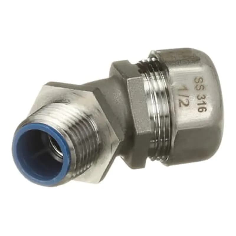 ABB - Installation Products 5342SST6 - 1/2 Inch Liquidtight Fitting for Flexible Metallic Conduit, 45 Degree, UL/CSA Listed, High UV Resistance, NEMA Ratings: 3, 3R, 4, 4X, Length 2.37 Inches/60.20mm, Width 1.33 Inches/33.78mm, Height 1.76 Inches/44.70mm, Temperature Range 0 to 105 Degrees C, 316 Stainless Steel with Duraplated Ground Cone