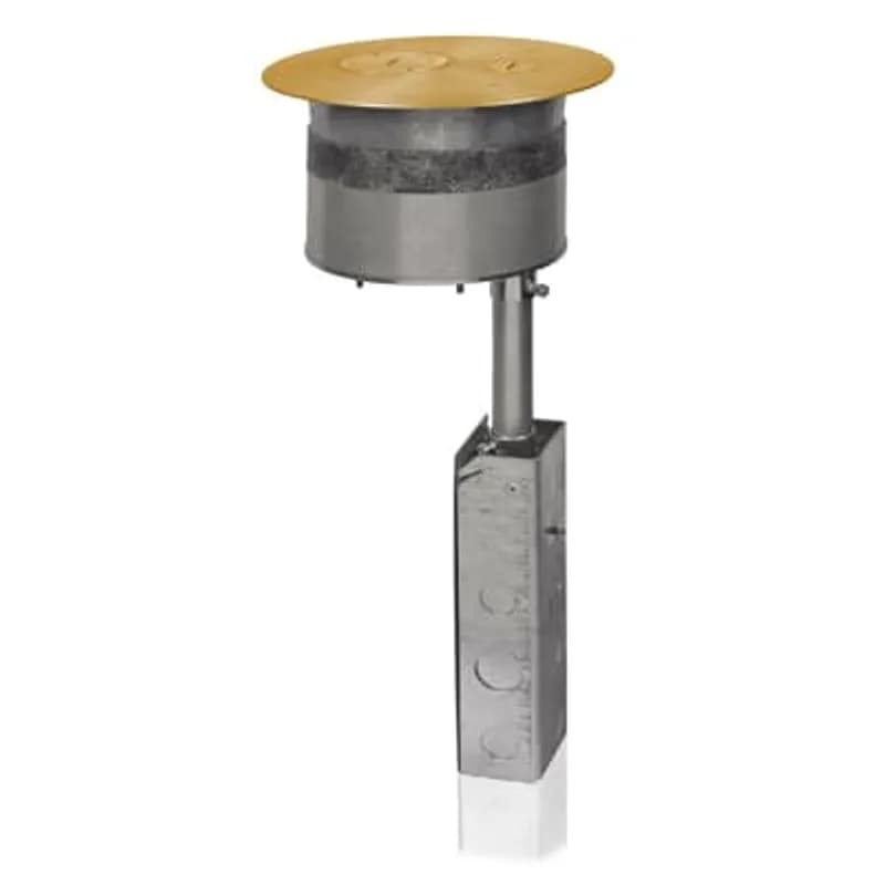 Furniture Feed Poke-Through, Junction Box Volume 27 Cubic Inches, Cover Diameter 8 Inches, Depth 19-1/4 Inches, Threaded Hubs 3/4 Inch, 1-1/4 Inch, or 2 Inch, Knockout Size 1/2 Inch and 3/4 Inch, Core Drill Size 6 Inches, Finish Brass