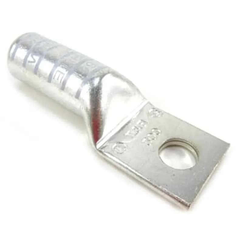 Copper One-Hole Lug, Long Barrel - Narrow Tongue, Peep Hole, Max 35kV, Wire Size 300 kcmil, 5/8 Inch Bolt Size, Tin Plated, White 66