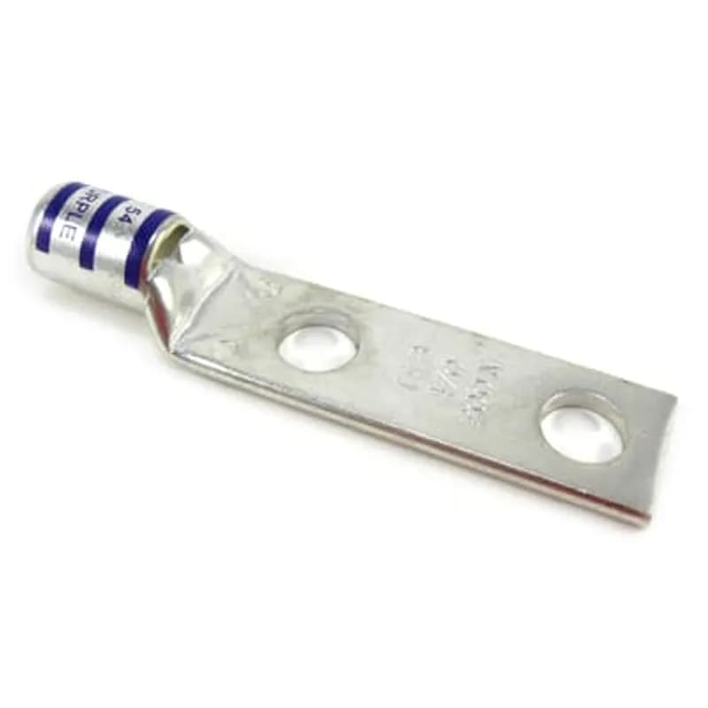 Copper Two-Hole Lug, Standard Barrel, Peep Hole, Max 35kV, Wire Size 4/0 AWG, 1/2 Inch Bolt Size, 2 Inch Hole Spacing, Tin Plated, Die Code 54, Die Color Code Purple