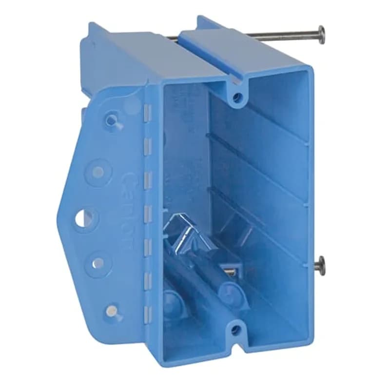 One Gang Multipurpose Electrical Box, Volume 24.5 Cubic Inches, Length 3-1/4 Inches, Width 3-1/2 Inches, Depth 2-7/32 Inches, Color Blue, Material PVC, Mounting Means Captive Nails, Side Flange, Internal Screws