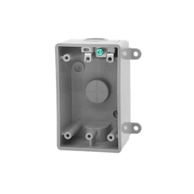 Single gang outdoor PVC box with one 1/2 in. threaded hub on opposite ends. Grey.