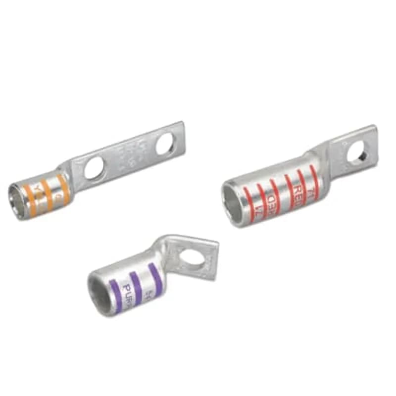 Copper One-Hole Lug, Long Barrel - Narrow Tongue, Peep Hole, Max 35kV, Wire Size 300 kcmil, 3/8 Inch Bolt Size, Tin Plated, White 66