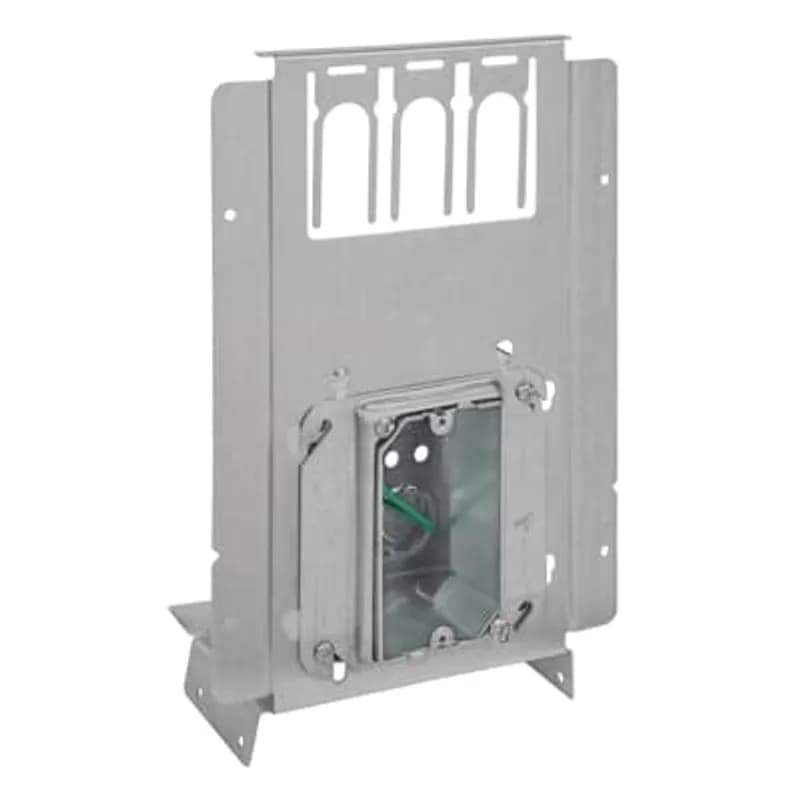 Pre-assembly with box to stud bracket and cable supports, 4 inch pre-galvanized steel square box, box depth-2-1/8 inch, 1/2 inch and 3/4 inch eccentric knockouts, 5/8 inch raised one device box cover