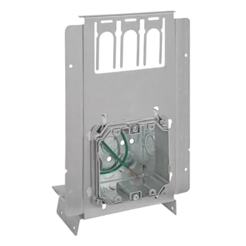 Pre-assembly with box to stud bracket and two cable supports, 4 inch pre-galvanized steel square box, box depth-2-1/8 inch, 1/2 inch and 3/4 inch eccentric knockouts, 5/8 inch raised one device box cover