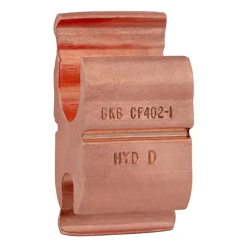 ABB - Installation Products CSH 402-1 - Anti-Rotational Copper Hot Line Stirrup, with attached Copper H-Tap Compression Connector. 4/0-2/0 Stranded, 1-1/16 inch width, #2 Bail, HYD D Die. Inside Bail Dimensions 4-1/8 x 4-1/4 inch. Bail Diamond Knurled - 3 inch on side opposite H-Tap and 1.5 inch on Split Side where H-Tap connected. Tin Plated Bail.