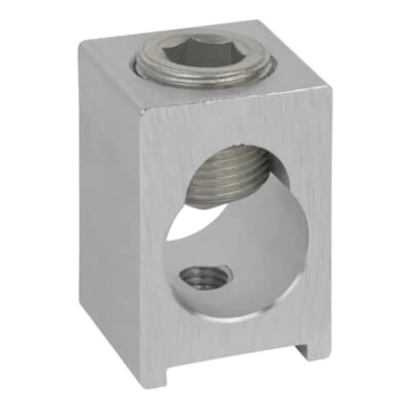 ABB - Installation Products ADR6004S-AR - Tin Plated Aluminum Mechanical Lug. AL9CU. Wire Range 600 kcmil to #4 AWG. Length 1-5/16 inch. Width 1-3/8 inch. Height 2 inch. Anti-Rotational. No Pad. Connector is tapped 15/16 UN-2B. Includes Tin Plated Aluminum Hex Set Screw 15/16 UNF-2A