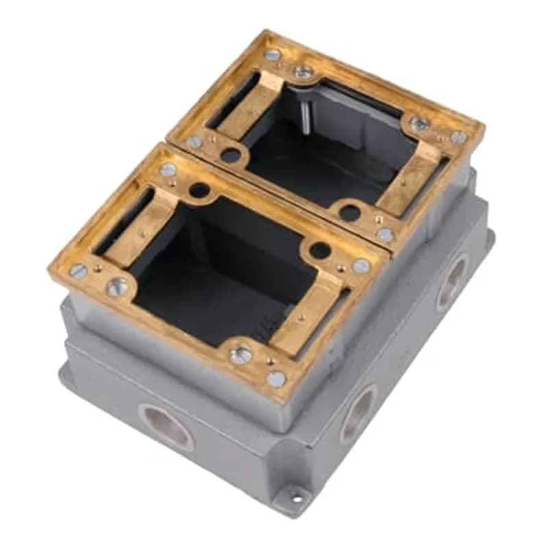 Two Gang Flush Service Floor Box, 74 Cubic Inches, Length 5-1/2 Inches, Width 7 Inches, Depth 3-5/8 Inches, 3/4 Inch Conduit Hubs, Cast Iron