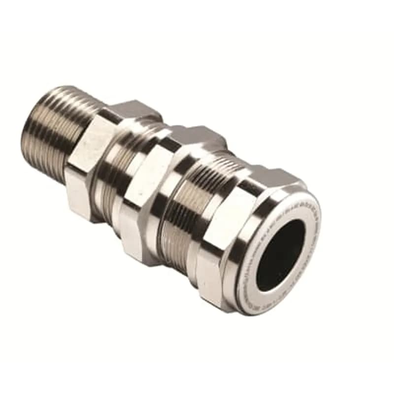 ABB - Installation Products EXN05ALC1K - Double Compression Cable Gland, 3/4 Inch NPT Thread, Flameproof Ex d and Increased Safety Ex e, Suitable for use with SWA, SWB, and AWA Conduit, IP66 Rating, Inner Cable Range 12 to 20mm, Outer Cable Range 16 to 26mm, Kit with Locknut, Shroud, Earth Tag, and Washer, Nickel Plated Brass