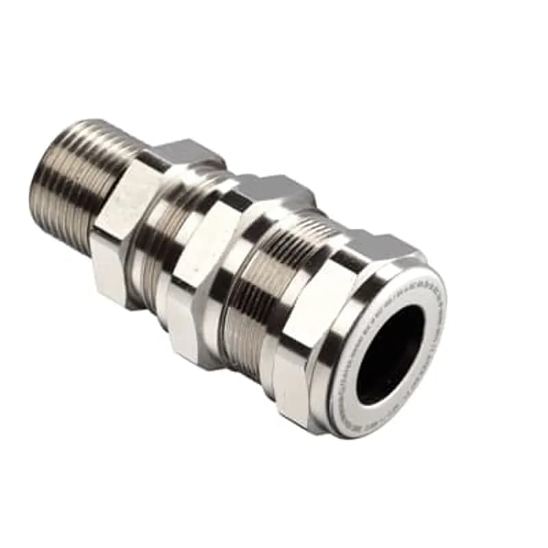 Double Compression Cable Gland, 3/4 Inch NPT Thread, Flameproof Ex d and Increased Safety Ex e, Suitable for use with SWA, SWB, and AWA Conduit, IP66 Rating, Inner Cable Range 12 to 16mm, Outer Cable Range 16 to 21mm, Nickel Plated Brass