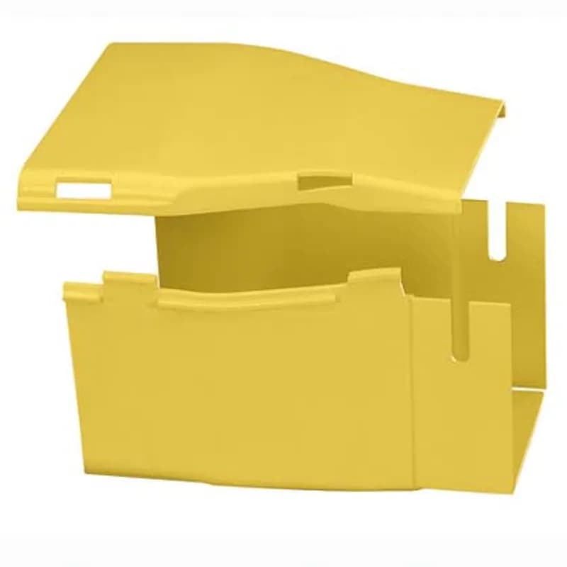 The fitting attaches any 6" x 4" (150mm x 100mm) FiberRunner fitting or channel to the 4" x 4" (100mm x 100mm) Fiber-Duct Channel S4X4YL6 or E4X4YL6. It is yellow and made of ABS plastic. It includes a solid cover.