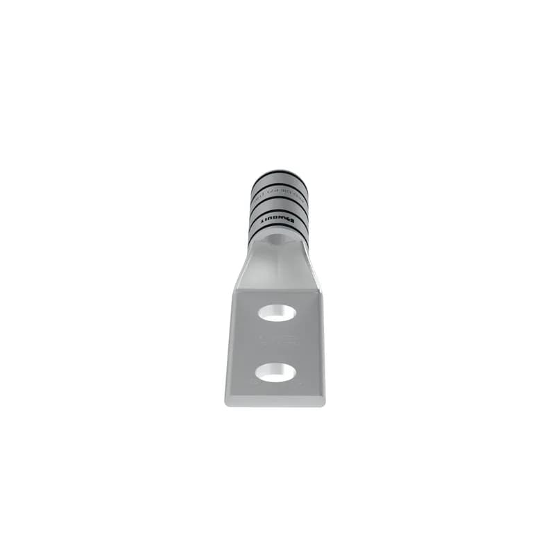 The LCC350-12W-X Tin-Plated Copper Compression Lug, two-hole, long barrel, has color-coded barrels marked with Panduit and specified competitor die index numbers for proper crimp die selection. The long barrel maximizes the number of crimps and provides premium wire pull-out strength and performance. The generously beveled wire entry prevents bent back strands when inserting the conductor into the barrel. UL Listed and CSA Certified.