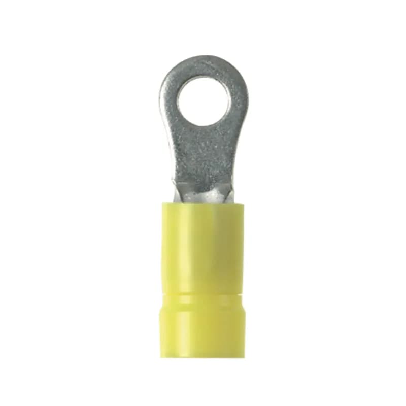Ring Terminal, 16 12 AWG, #8 stud size, heavy duty, vinyl insulated, funnel entry, standard package.