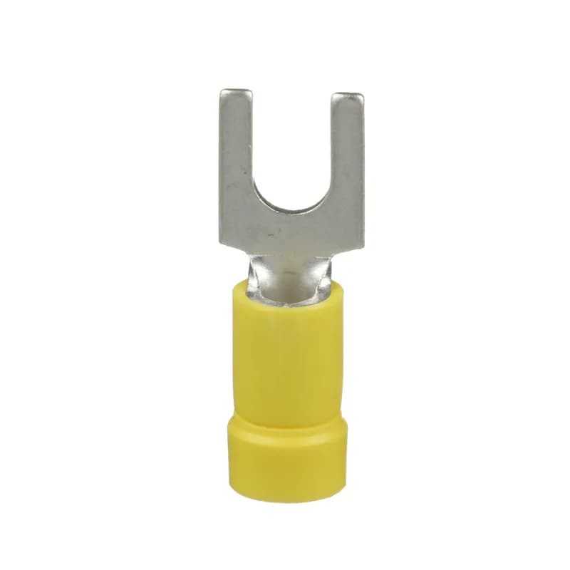 The PV10-10F-L Pan-Term Terminal is a vinyl insulated, fork terminal. Brazed seam protects terminal barrel from splitting during the crimp process. Internal barrel serrations assure good wire contact and maximum tensile strength. Extented barrel insulation provides protection and strain relief when crimped.