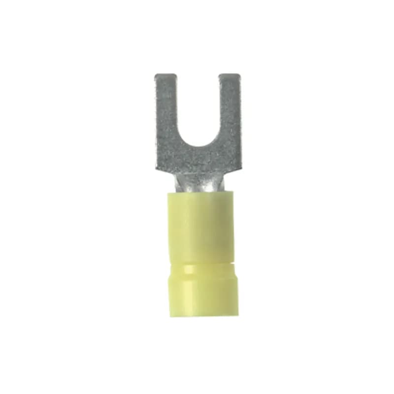 The PV10-6F-L Pan-Term Terminal is a vinyl insulated, fork terminal. Brazed seam protects terminal barrel from splitting during the crimp process. Barrel serrations assure good wire contact and maximum tensile strength.